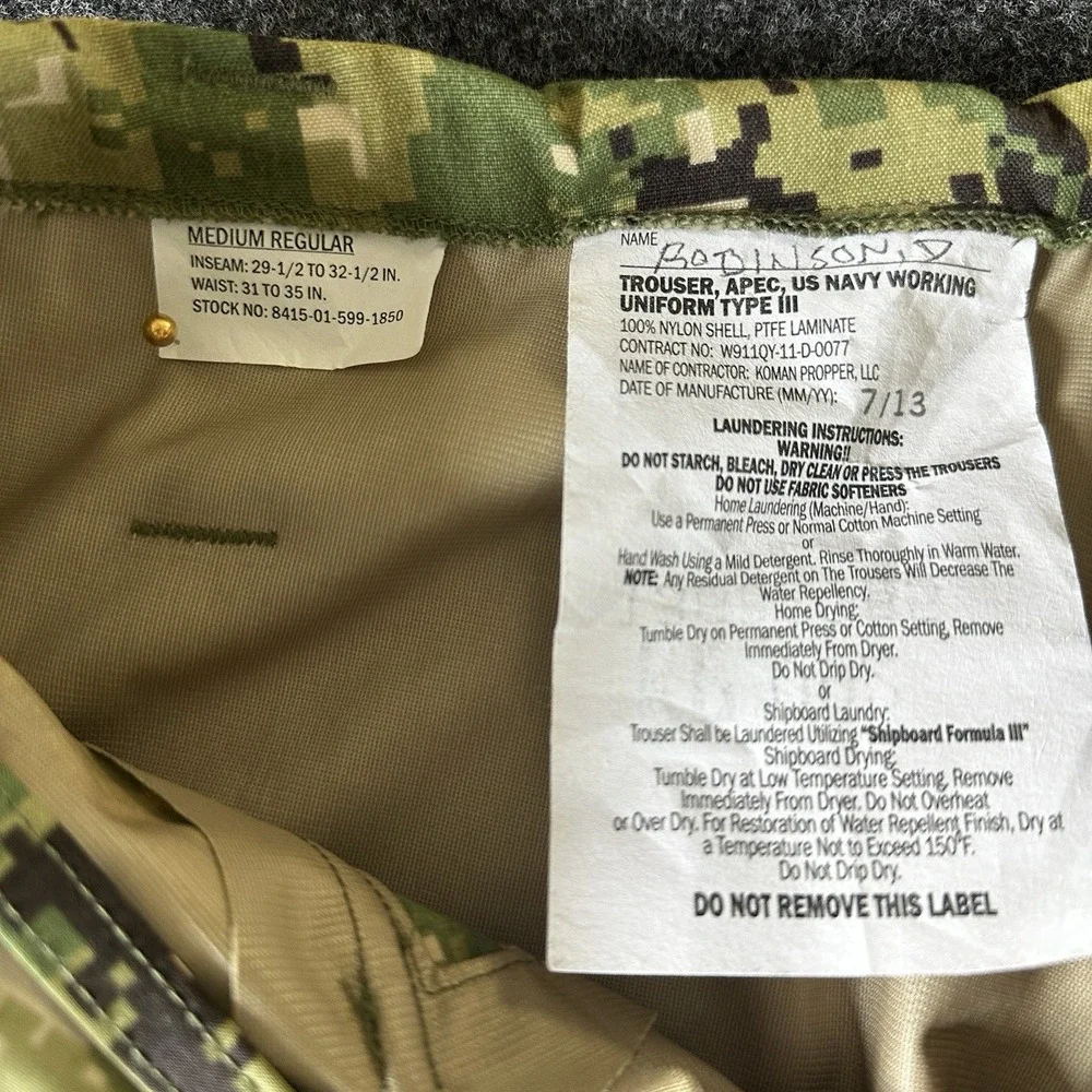 US Navy Trousers Apec Aor2 Type III Cold Weather Gore Tex Pants Medium‎ Regular